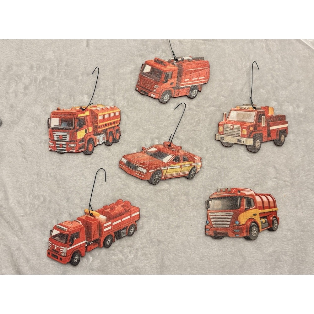 6pc Wooden Fire Truck Ornaments Set Fire Chief Car Water Tender Rescue Lot
